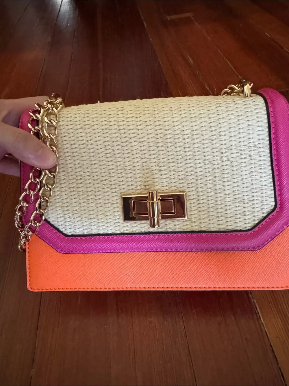 Woven Straw Crossbody Bag with Pink & Orange Trim